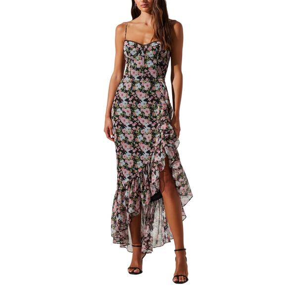 Astr The Label 'Brisbane' Black Polyester Asymmetrical Floral Midi Dress Size S - Picture 1 of 4